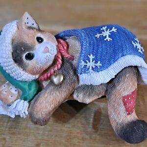 Hand-Painted Blue Sweater Cat Figurine with Heart Bell